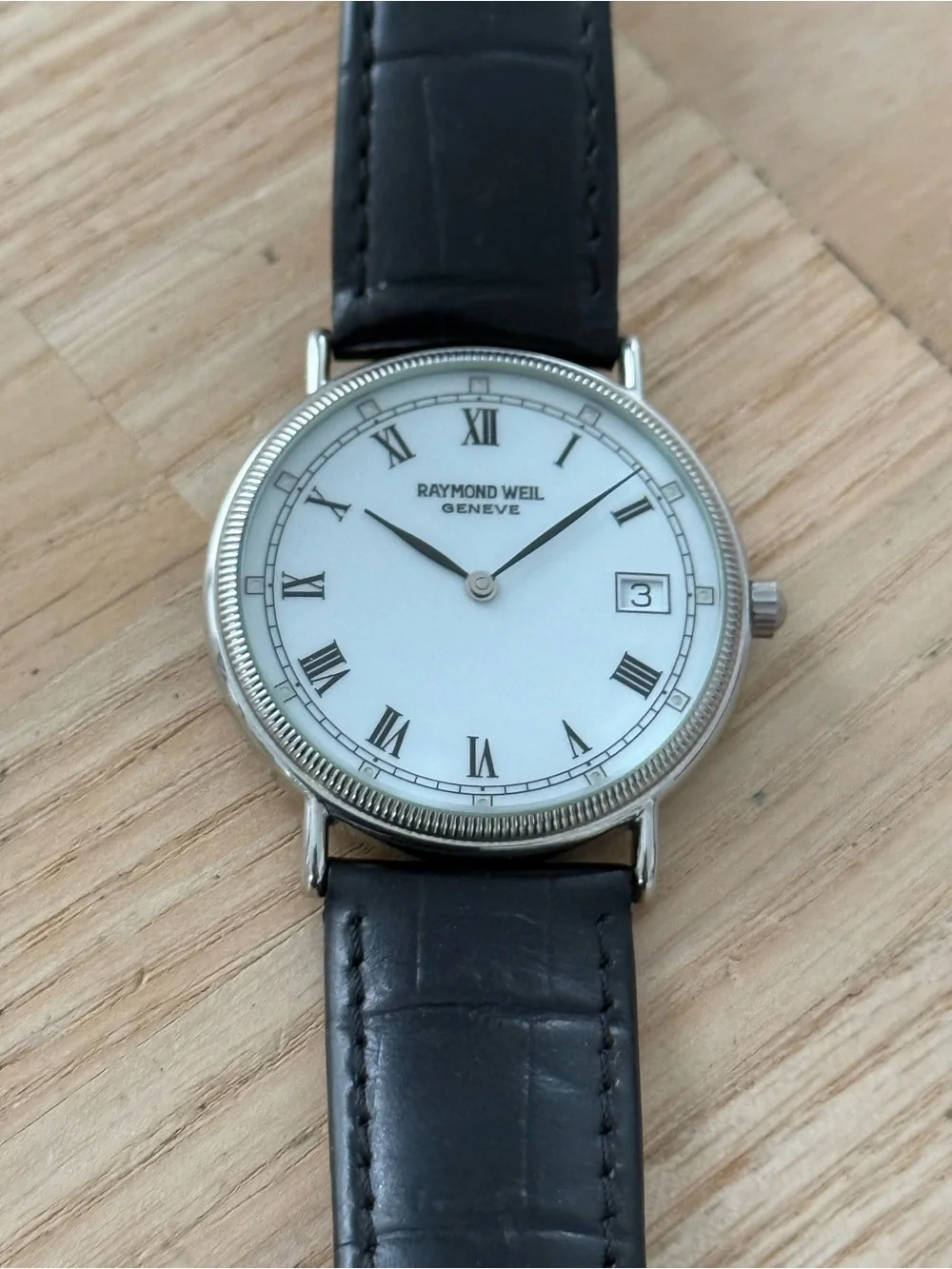 Raymond Weil Geneve Rare Stainless Case Vintage Watch White Dial Leather Strap